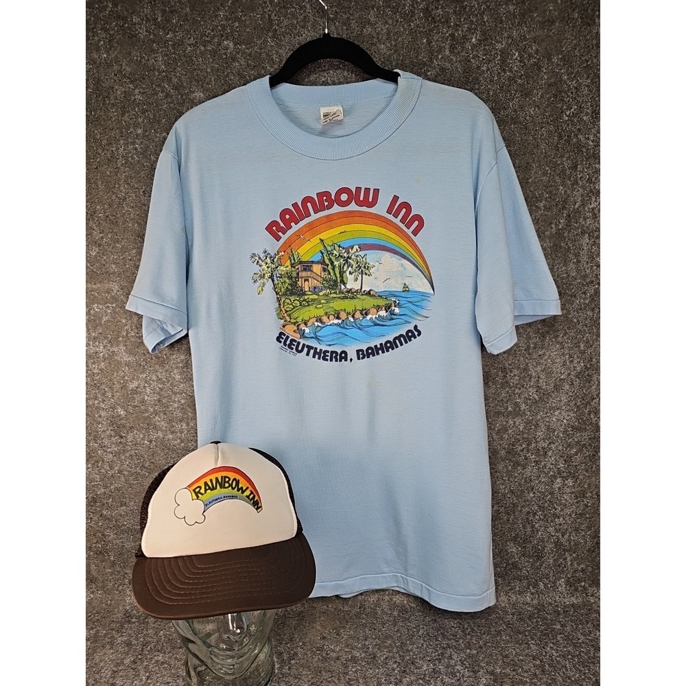 Vtg 80's Rainbow Inn Bahamas Trucker Hat Brown, Single Stitch Tee XL Blue